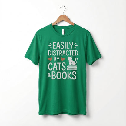 Easily Distracted by Cats & Books T-Shirt | Cat on Books Reader Tee
