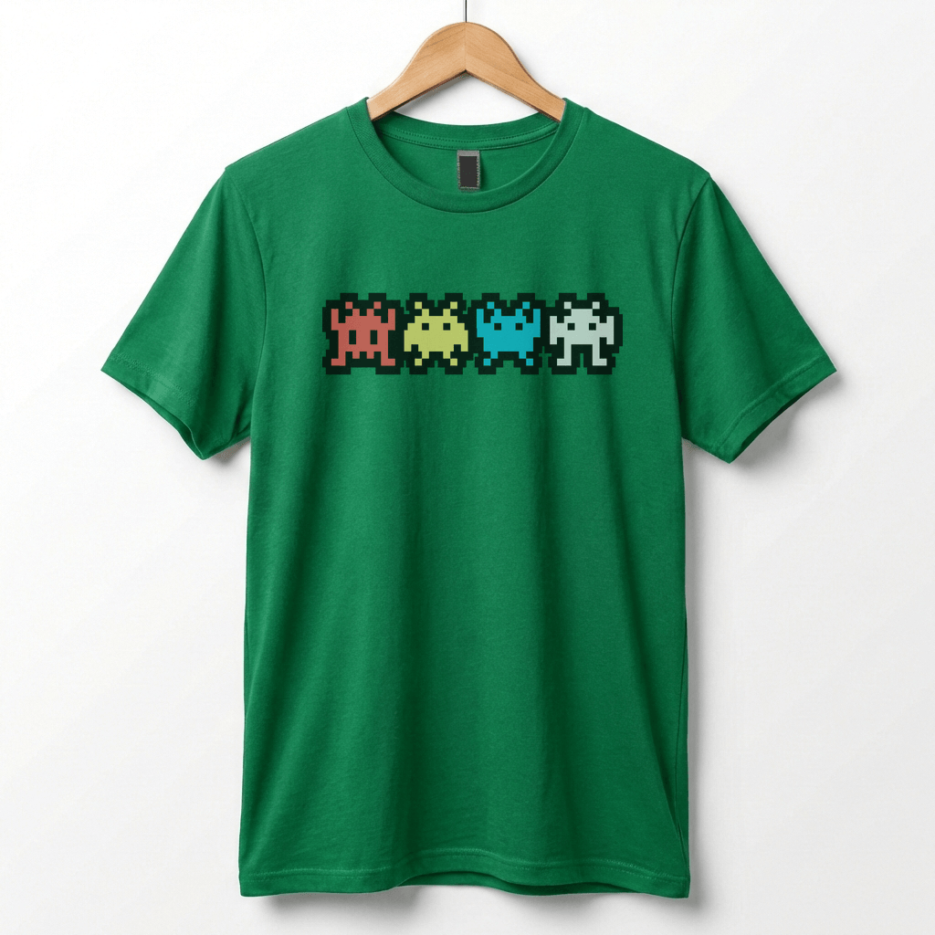 Retro 8-Bit Alien T-Shirt: Multi-Color Pixel Art Arcade Design