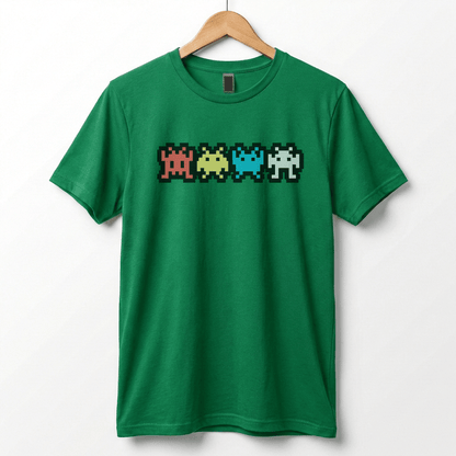 Retro 8-Bit Alien T-Shirt: Multi-Color Pixel Art Arcade Design