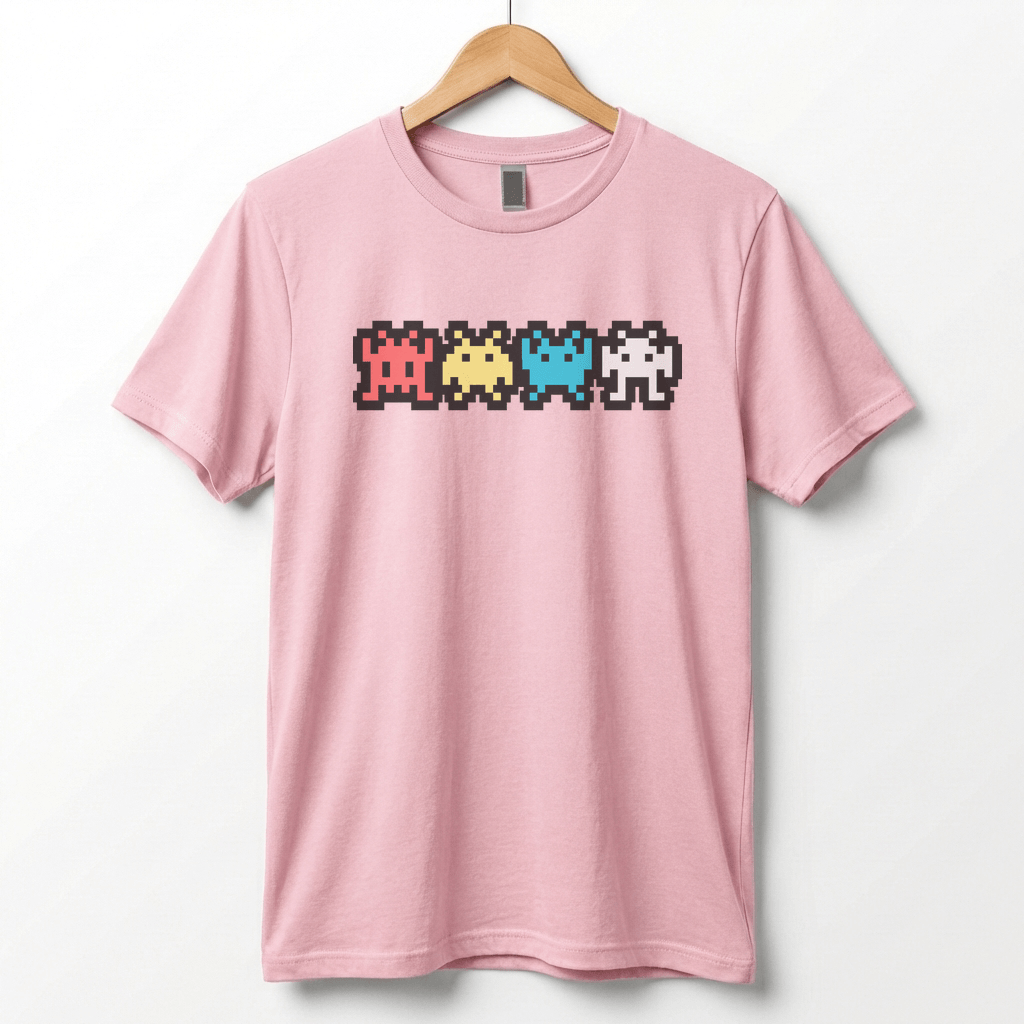 Retro 8-Bit Alien T-Shirt: Multi-Color Pixel Art Arcade Design