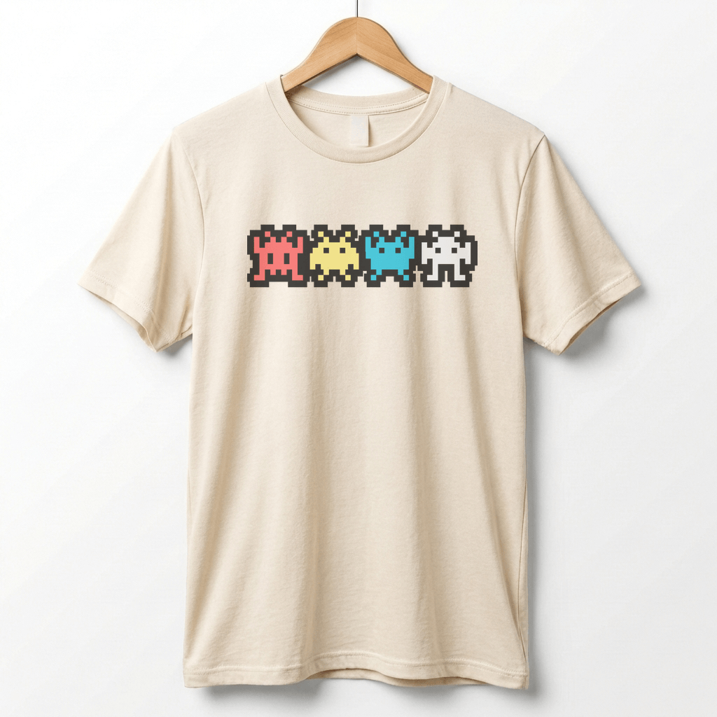 Retro 8-Bit Alien T-Shirt: Multi-Color Pixel Art Arcade Design