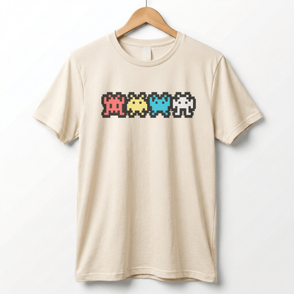 Retro 8-Bit Alien T-Shirt: Multi-Color Pixel Art Arcade Design