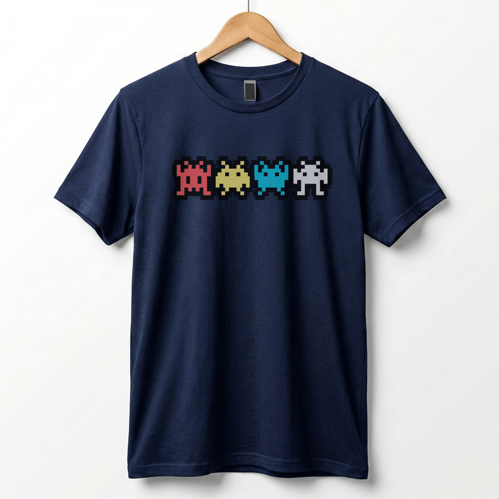 Retro 8-Bit Alien T-Shirt: Multi-Color Pixel Art Arcade Design