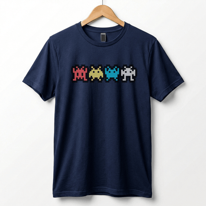 Retro 8-Bit Alien T-Shirt: Multi-Color Pixel Art Arcade Design