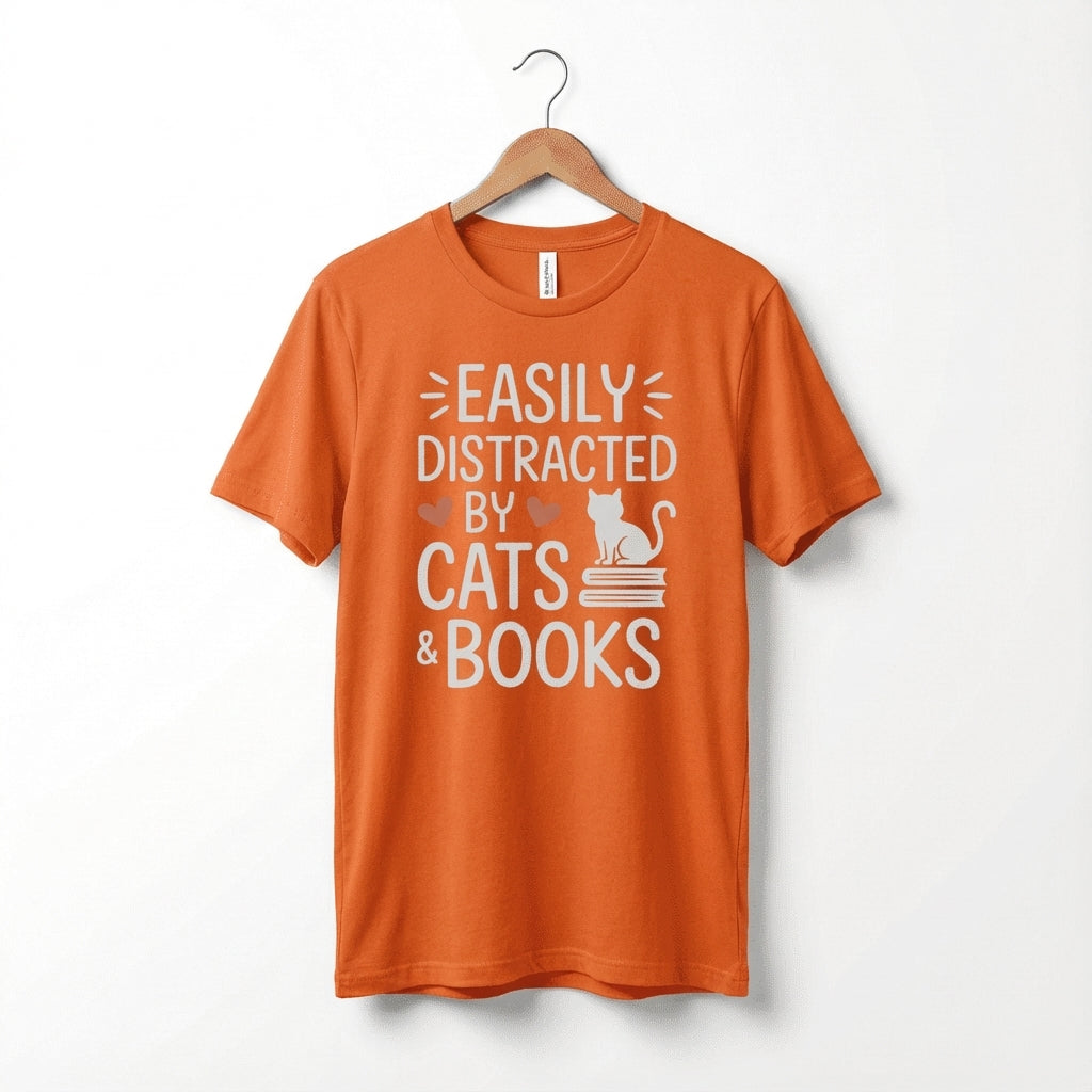 Easily Distracted by Cats & Books T-Shirt | Cat on Books Reader Tee