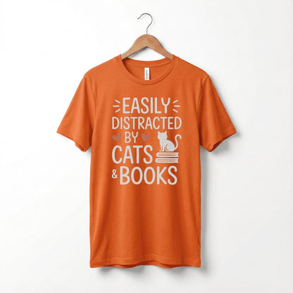 Easily Distracted by Cats & Books T-Shirt | Cat on Books Reader Tee