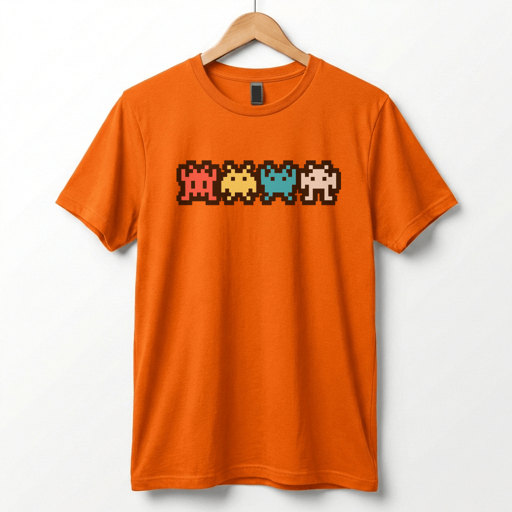 Retro 8-Bit Alien T-Shirt: Multi-Color Pixel Art Arcade Design