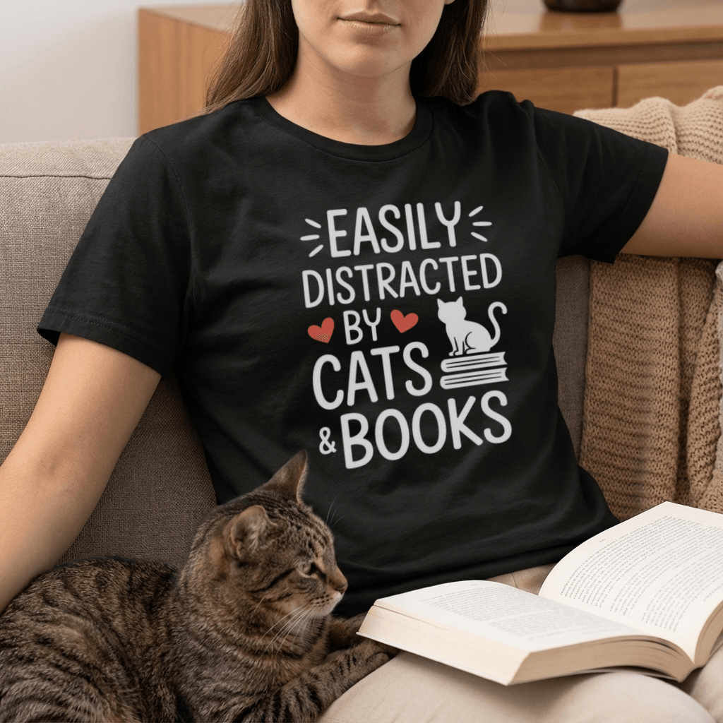 Easily Distracted by Cats & Books T-Shirt | Cat on Books Reader Tee