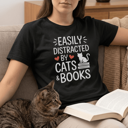 Easily Distracted by Cats & Books T-Shirt | Cat on Books Reader Tee