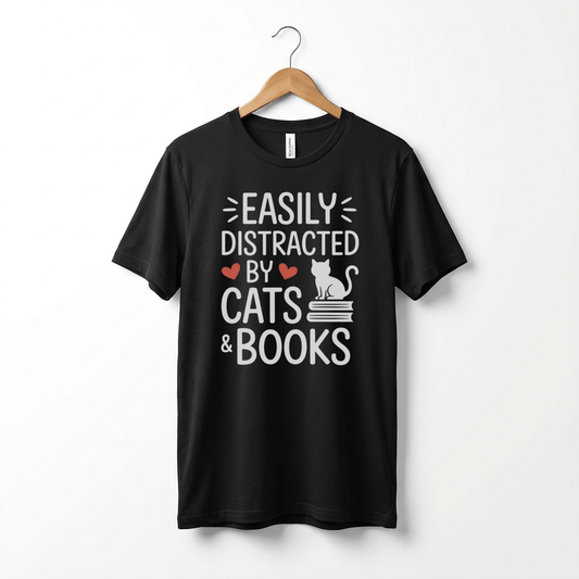 Easily Distracted by Cats & Books T-Shirt | Cat on Books Reader Tee