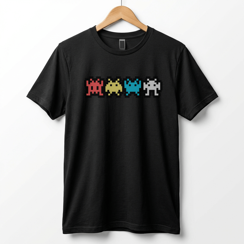 Retro 8-Bit Alien T-Shirt: Multi-Color Pixel Art Arcade Design
