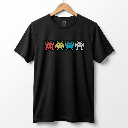 Retro 8-Bit Alien T-Shirt: Multi-Color Pixel Art Arcade Design