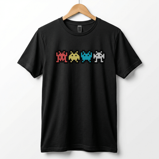 Retro 8-Bit Alien T-Shirt: Multi-Color Pixel Art Arcade Design