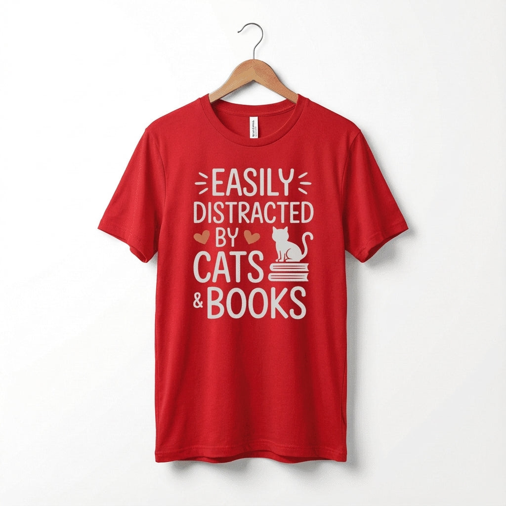 Easily Distracted by Cats & Books T-Shirt | Cat on Books Reader Tee