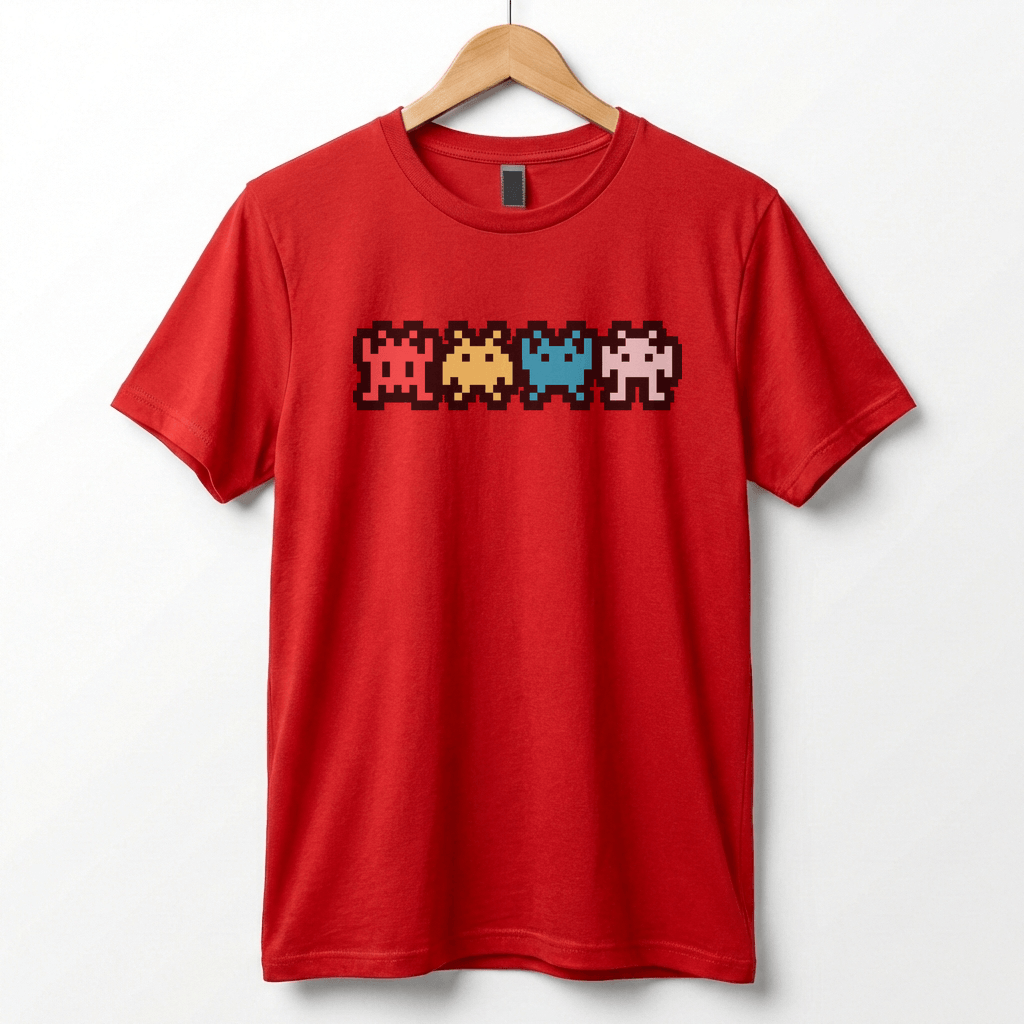 Retro 8-Bit Alien T-Shirt: Multi-Color Pixel Art Arcade Design