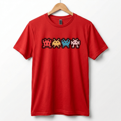 Retro 8-Bit Alien T-Shirt: Multi-Color Pixel Art Arcade Design