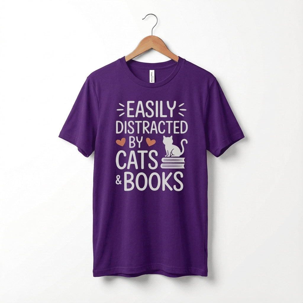 Easily Distracted by Cats & Books T-Shirt | Cat on Books Reader Tee