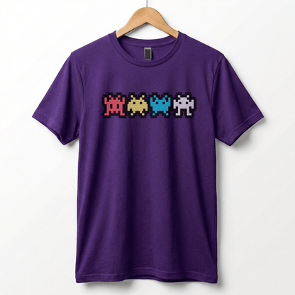 Retro 8-Bit Alien T-Shirt: Multi-Color Pixel Art Arcade Design