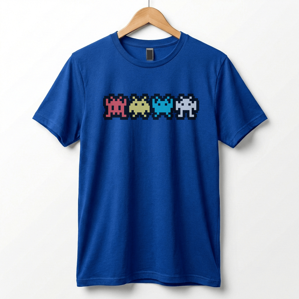 Retro 8-Bit Alien T-Shirt: Multi-Color Pixel Art Arcade Design