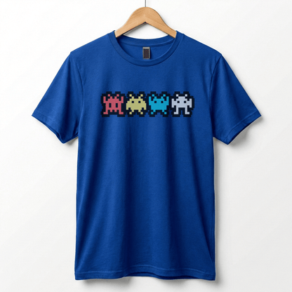 Retro 8-Bit Alien T-Shirt: Multi-Color Pixel Art Arcade Design