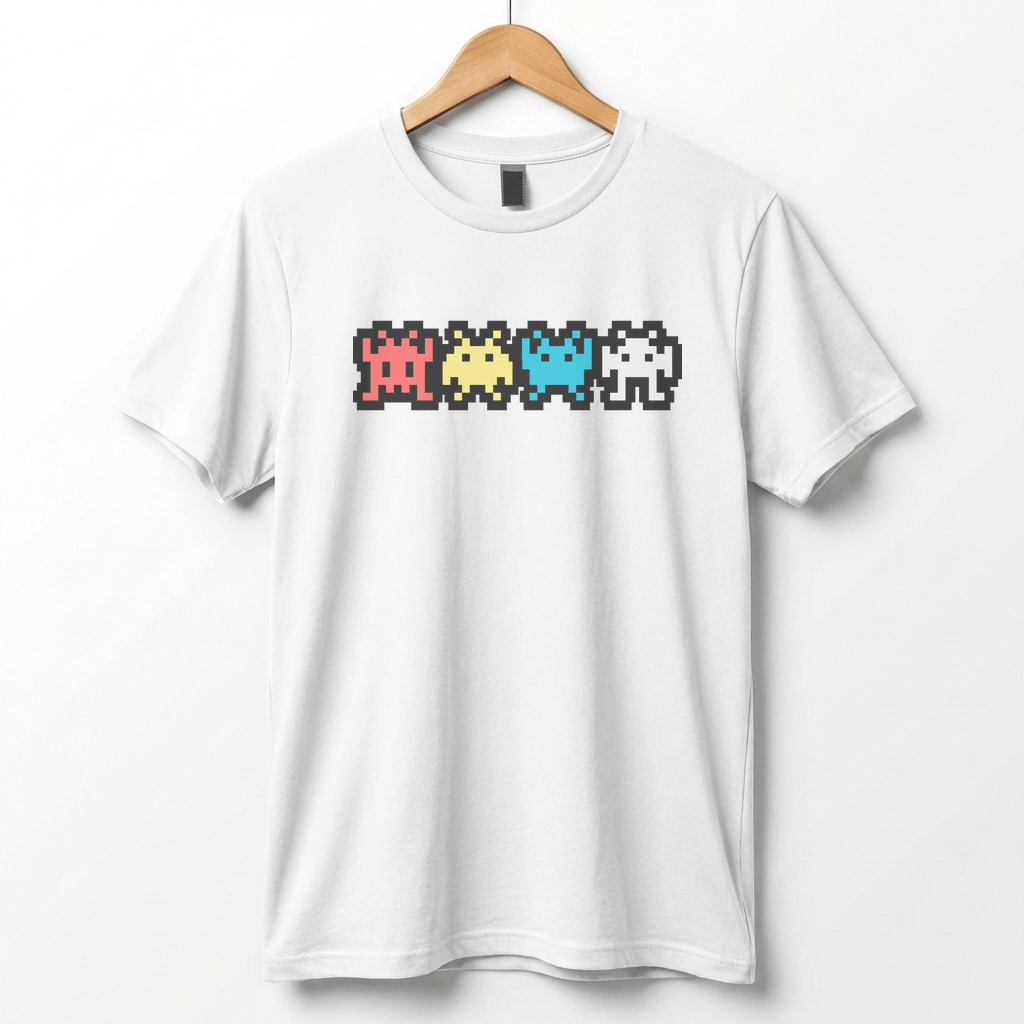 Retro 8-Bit Alien T-Shirt: Multi-Color Pixel Art Arcade Design