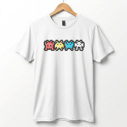 Retro 8-Bit Alien T-Shirt: Multi-Color Pixel Art Arcade Design